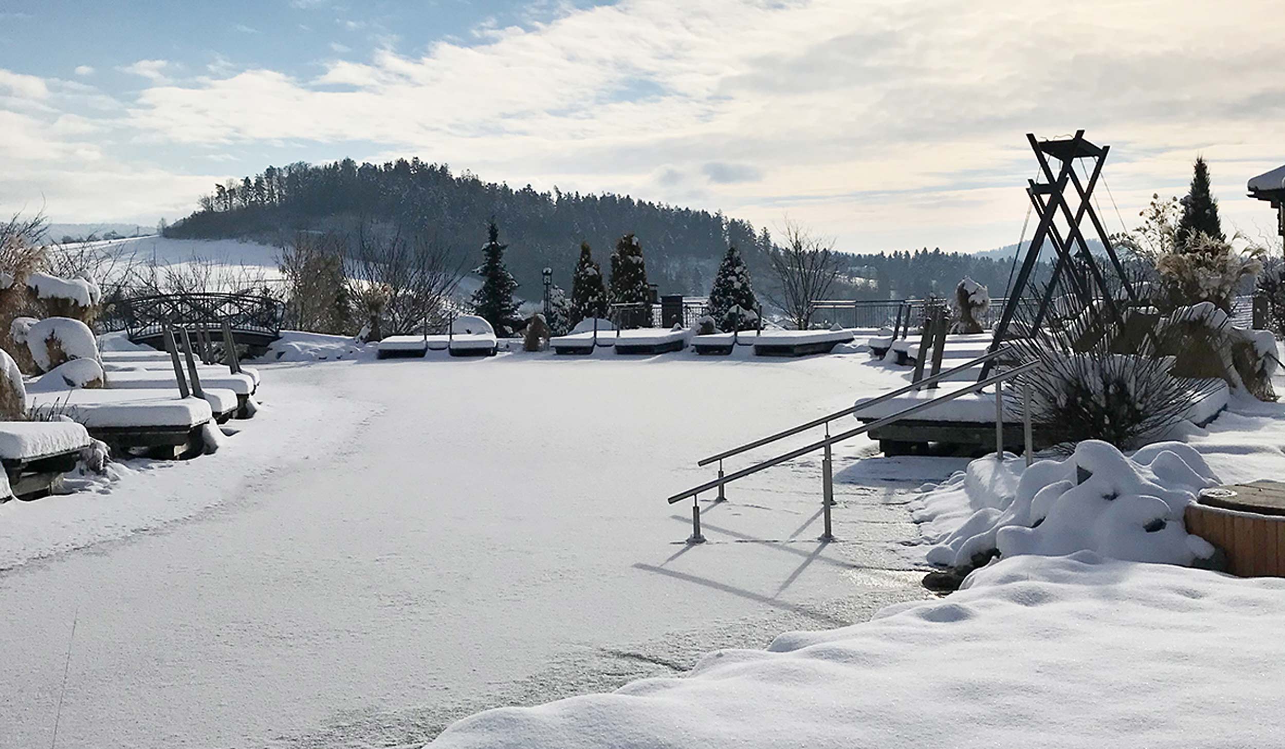 Gefrorener Naturbadesee im Wellnesshotel Jagdhof